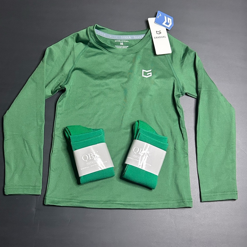 Gradual Youth XS Green Baseball Shirt + QBX 5-7yr Socks Set NWT